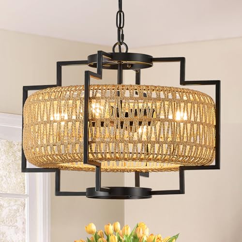20" Boho Woven Chandeliers 4-Light Hand Rattan Ceiling Pendant Light Fixture Farmhouse Hanging Lighting for Kitchen,Bedroom, Dining Room, Hallway, Entryway, E26 - size: Lantern-20''-V