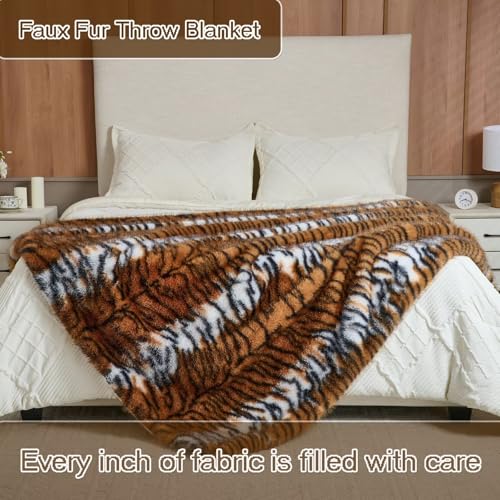 Luxury Fluffy Faux Fur Throw Blanket,Thick Fluffy Silky Fuzzy Cozy Blanket,Plush Blankets for Couch, Sofa, Chair, Bed-Tiger Print Brown-50 * 60inch - color: Tiger Print Brown, size: Throw (50" x 60")