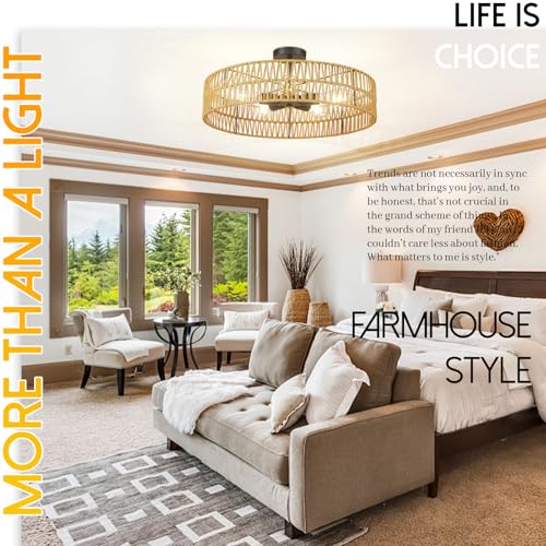 Hamilyeah 24 inch Rattan Boho Flush Mount Ceiling Light Fixture with 5 Light,Woven Light Fixtures Ceiling Mount for Living Room, Bedroom, Kitchen - color: 24INCH Black Semi Ceiling Light