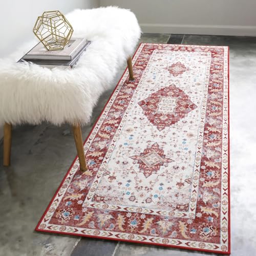 Amearea Vintage Design Runner Rugs for Living Room, 2x6 Machine Washable Floral Collection Traditional Bedroom Rug, Low Pile Cute Kids Room Print Carpet, No Slip Office Kitchen Home Decor, Red - color: Red, size: 2' X 6' (Runner)