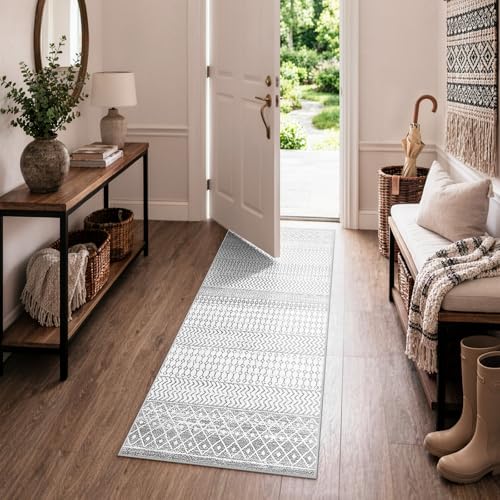 Moroccan Washable Runner Rug, 2x5 Ultra Soft Non-Slip Ivory Gray Hallway Runner Rug, Low Pile Distressed Bathroom Rugs Carpet Runner for Entryway Kitchen Bedroom Laundry Room - color: Ivory / Gray, size: 2' x 5' (Runner)