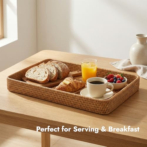 14.6" x 9.1" Large Wicker Storage Tray, Natural Rattan Basket Decorative Handwoven Rectangular Basket for Bread, Fruit, Toiletries,Towels & Home Organization (Natural M) - color: Natural M (14.6" × 9.1")