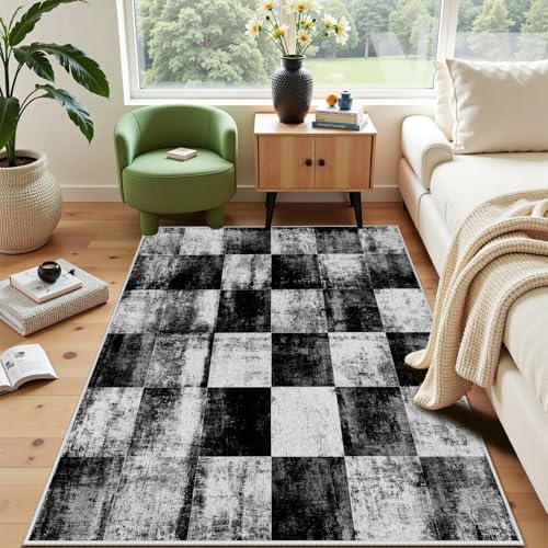 Distressed Plaid Rug for Living Room, Black and White Checkered Area Rugs, 3x5 Rug, Abstract Modern Carpet, Contemporary House Decor, Carpet for Bedroom, Washable Rugs, Soft Non Slip Low Pile - color: Black2, size: 3x5 ft
