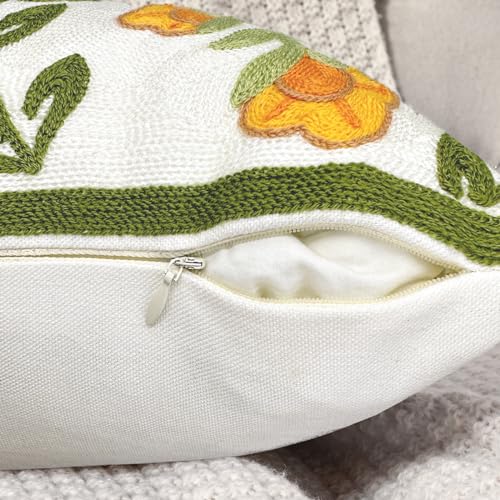 Alysheer Floral Embroidered Summer Decorative Throw Pillow Covers 18"x 18" Set of 2, Farmhouse Cottage Orange Flowers Green Leaves Knit Patterned Cotton Canvas Cushion Case for Couch Bed Living Room - color: Orange Green, size: 18" x 18" (Pack of 2)