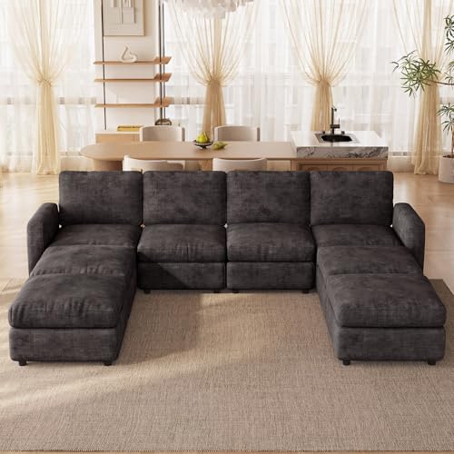 Guyii 100" 8 Seats Modular Sectional Sofa with Seats Storage, U Shaped Couch with 4 Ottomans, Chenille Fabric Couch for Living Room Dark Gray - color: Dark Gray, size: 8 seater(with 4 ottomans)