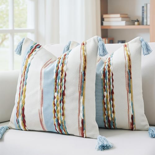 PANOD Chenille Farmhouse Throw Pillow Covers 18 x 18 Blue Brown, Neutral Boucle Couch Pillow Cover, Striped Decorative Boho Coushion Cover Pillow Case for Couch Bed Sofa Bedroom,Modern Accent,Set of 2 - color: Light Blue Tone, size: 18" x 18" (Pack of 2)