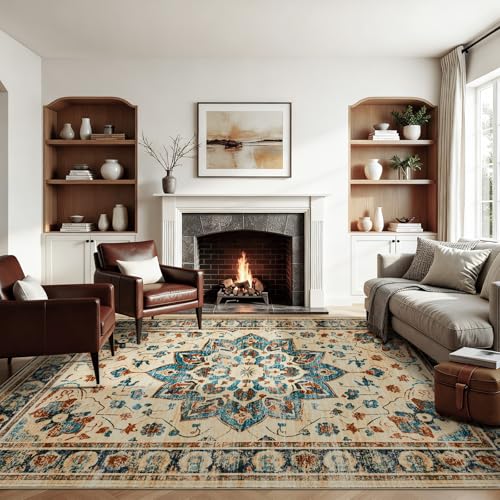 Joydeco 8x10 Area Rugs for Living Room, Non Slip Machine Washable Vintage Rug, Low Pile Chenille Print Rugs for Bedroom, Dining Room, Home Office, Pet & Child Friendly, Beige & Blue & Reddish-Brown - color: Beige&blue&reddish-brown, size: 8' x 10' (Rectan