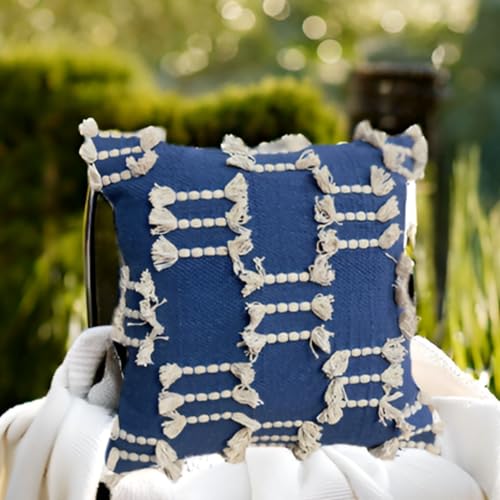 Bohemian Pillow Covers 18x18 Inch Square Modern Rustic Throw Pillow Covers with Tufted Accents for Living Room, Bedroom, Couch, (Blue) - color: Blue