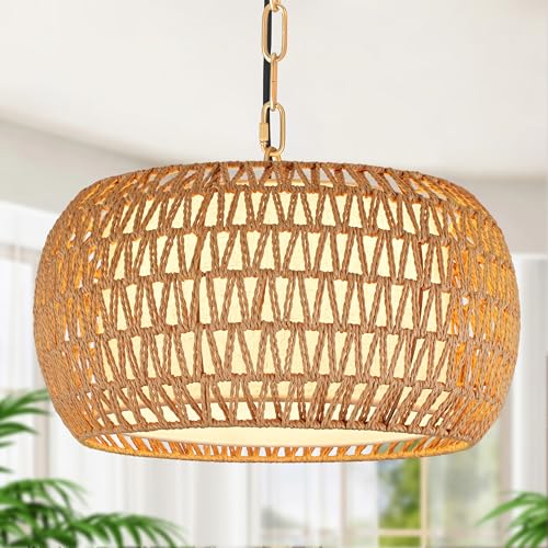 18" Rattan Farmhouse Chandeliers for Dining Room,3-Light Hand-Woven Rattan Chandelier,Fabric Shade Boho Chandelier Pendant Light fixture Drum Chandelier Hanging Lights for Bedroom Kitchen Island - color: 18"-Natural-Chain