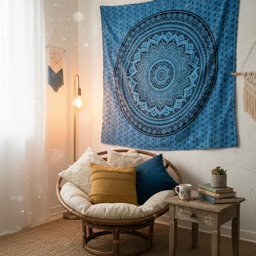 FURNISHFUL FINESSE Hand Block Printed Cotton Mandala Wall Tapestry - Blue Ombre Boho Wall Decor, Bohemian Hippie Room Hanging for Bedroom, Dorm & Living Room Aesthetic - 84X90, Blue - color: Blue, size: 90"L x 84"W