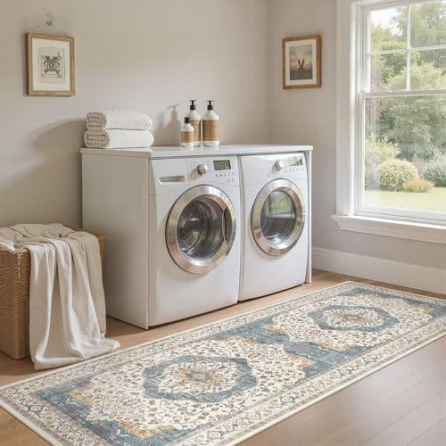 Area Rug for Living Room - 3x8 Soft Washable Oriental Vintage Floral Distressed Large Carpet - Fade Stain Resistant Non Slip Rugs for Bedroom Dining Room Nursery Dorm Office Home Decor - Blue/Beige - color: Blue/Beige, size: 3' x 8' (Runner)