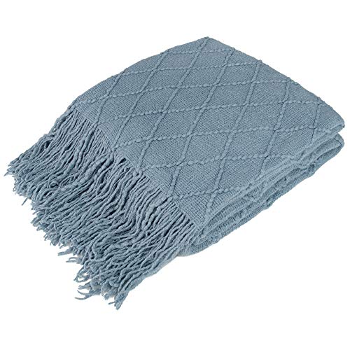 PAVILIA Dusty Blue Knit Throw Blanket for Couch Bed, Soft Knitted Farmhouse Sofa Throw for Living Room, Lightweight Decorative Summer Throw Blanket for Chair, Outdoor Textured Boho Blanket, 50x60 - color: Dusty Blue, size: 50 X 60 Inches - Throw