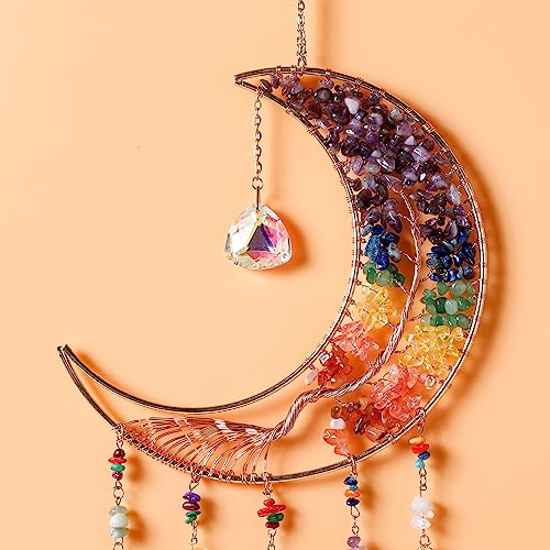 Agate Gemstone Dream Catcher 7 Chakra Tree of Life Dream Catcher with Rainbow Crystal Stones Handmade Dreamcatcher Wall Decor for Adults Boys Girls,Bedroom,Wedding,Garden,Bless Gift(Rainbow Moon) - color: Rainbow Moon Agate