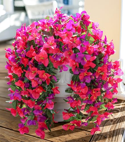 Faux Bougainvillea Artificial Flowers Plants for Outdoors Outside Decoration, 2pcs Fake Flowers Silk Long Trailing Vines UV Resistant Realistic for Front Door Porch Planter Urn Patio Balcony Yard, Mix - color: Purple Hot-pink