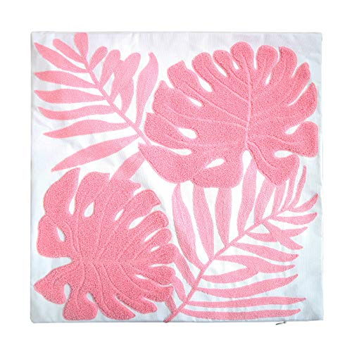 Embroidery Throw Pillow Cover 18x18 Home Decor Floor Pillow Cover for Couch Sofa Chair 100% Cotton Loop Embroidered Pink Tropical Leaves Cushion Cover Square Pillowcase 45x45cm, 1 Piece - color: Loop Pink