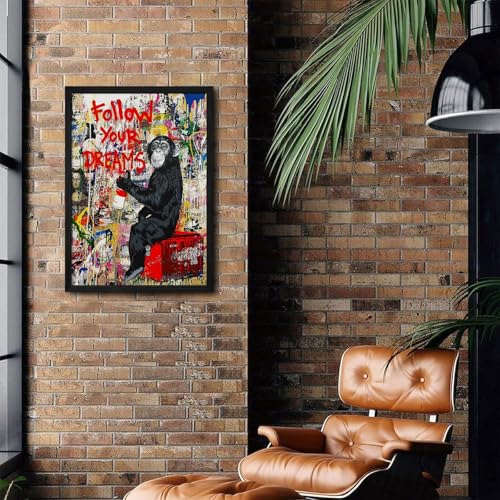 Banksy Canvas Wall Art Monkey Follow Your Dreams Street Graffiti Wall Art Banksy Prints Gorilla Poster Monkey Artwork Graffiti Pictures Painting for Home Living Room Decor 16x24 Inch Black Framed - color: Monkey Prints, size: 16x24 Inch Black Framed