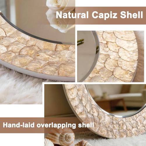 Gold Capiz Shell Round Mirror, 36'' Coastal Large Gold Mirror with Natural Capiz Seashell Frame, Decorative Circle Wall Mirrors for Living Room Mantel Bathroom Entryway - color: Gold, size: 36"L x 36"W