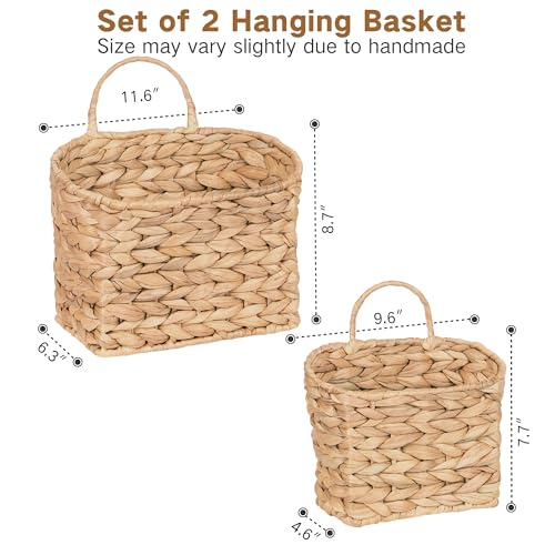 iEGrow Set of 2 Hanging Basket, Wicker Wall Basket Natural Water Hyacinth, Hanging Baskets for Organizing and Decor, Storage Baskets for Door Mounted Entryway Flower Mail Plant Garden - color: Natural, size: Square