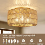 Boho Light Ceiling Fixture Flush Mount Rattan Woven Basket Chandelier for Bedroom Living Room Dining Kitchen, Modern Gold Wicker Lamp for Hallway Entryway Coastal Farmhouse