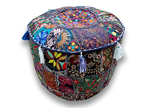 The Harry Creations Decorative Patchwork Comfortable Indian Ottoman Ethnic Cotton Cushion Bean Bag Designs Floor Embroidered Pouf Cover (Blue, 18"x13") - color: Blue, size: 18"x13"
