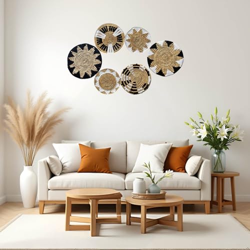 Laquedecraft Boho Wicker Rattan Plate Basket Set For Décor Hanging Wall | Large Woven Farmhouse Rustic Bohemian Art Baket Hangings For Decorative Home, Bedroom, Living Room, Kitchen, Bathroom (Art Deco, Natural, Set of 6) - size: Set of 6, style: Art Deco