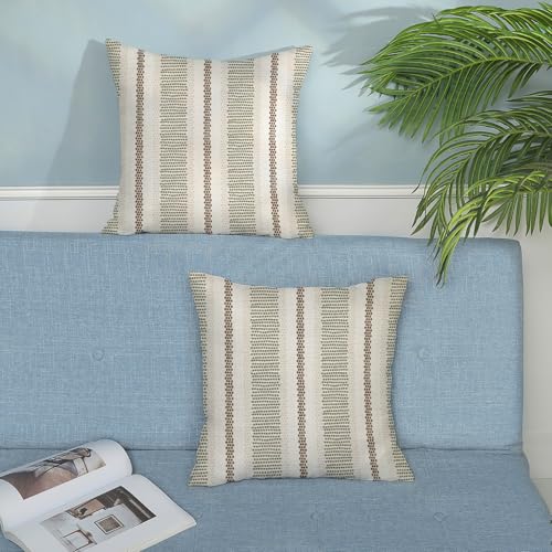 Boho Pillow Covers 16x16 Set of 2 Sage Green Brown Stripes Throw Pillow Covers Outdoor Decorations Modern Abstract Decorative Pillowcase Farmhouse Linen Cushion Case Decor for Home Couch Sofa - color: Boho-green Brown, size: 16" x 16" (Pack of 2)