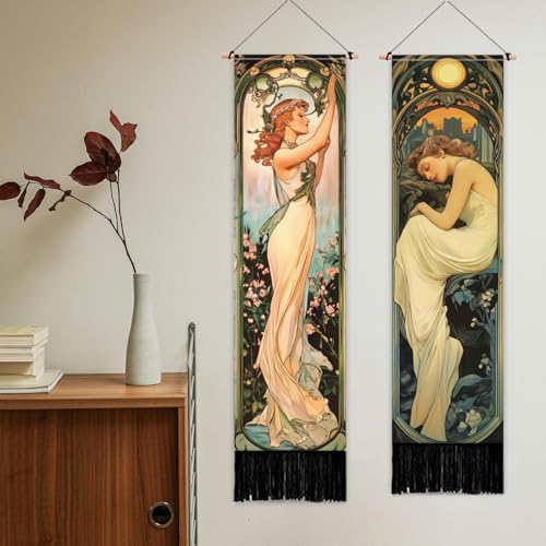 PLIGREAT 2 Pack Mucha Style Vertical Tapestry Art Nouveau Poster Aesthetic Wall Hanging for Bedroom Bathroom Living Room Vintage Long Narrow Wall Hanging Dorm Room Home Art Decor - color: beige,green