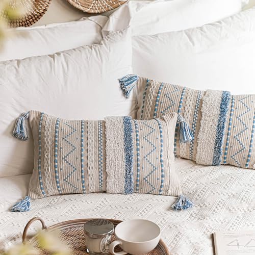 BlissBlush Decorative Lumbar Throw Pillow Covers 12x20 Combo Set of 2 Rectangular Coastal Blue Boho Accent Pillowcase Neutral Farmhouse Cushion for Couch Sofa Bedroom Living Home Décor Cover ONLY - color: Blue, size: 20" x 12" (Pack of 2)