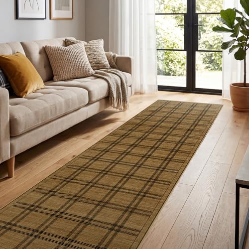 Jute 3x8 Hallway Runner Rug: Washable Non Slip Kitchen Rugs with Rubber Backing Pet-Friendly Carpets Stain Resistant Runners for Laundry Entryway Bedroom Decor Brown Plaid - color: Brown Plaid, size: 3' x 8' (Rectangular)