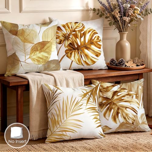 OBSEDE Golden Leaf Illustration Decorative Throw Pillow Covers 18 × 18 in, Set of 4, Couch Cushion Cases Inserts for Sofa Bed Living Room Home Decor, Single Side Print - color: Gilded Botanical Line Drawing, size: 18" x 18" (Pack of 4)