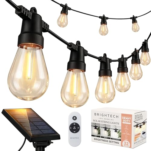 Brightech 104 (52x2) FT Ambience Pro Solar Powered Outdoor LED String Lights - Waterproof Remote Control Lights - 32 Bulbs, 7W Solar Powered Soft White Light for Camping, Patio, Garden - color: Super Bright, size: 104 Feet