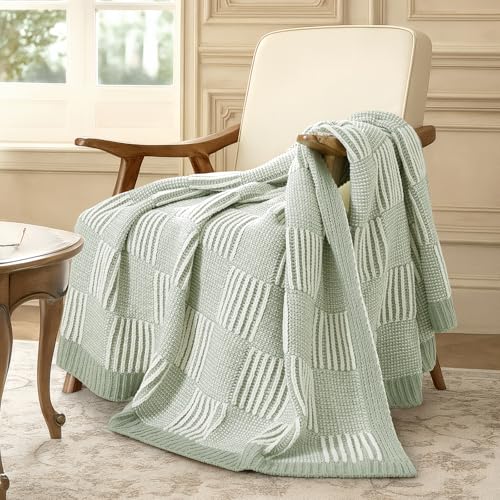 Amélie Home Knit Throw Blanket, Soft Chenille Cozy Breathable Dual Tone Checkered Chunky Decorative Blanket for Couch, Bed & Sofa, French-Inspired Lightweight Warm Gift for Women, Sage Green, 50"x60" - color: Checkered Sage Green&ivory, size: Dual Tone Ch