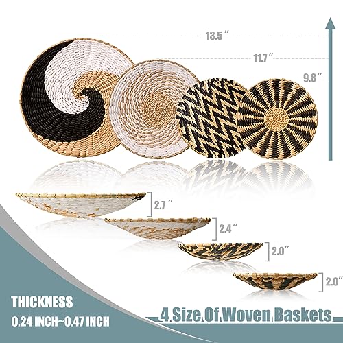 Hanging Woven Wall Basket Boho Decor Set, 4 Unique Handmade Seagrass Rattan Round Baskets Wall Decoration for Home Living Room Bedroom Rustic Coastal Farmhouse - Ready to Hang with Nails Included