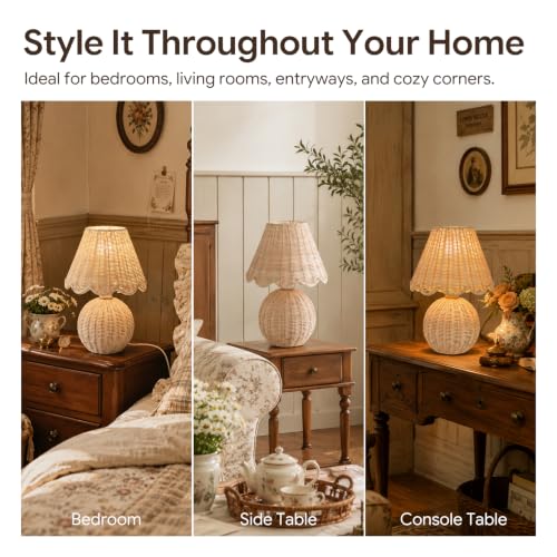 BySea Meadow Woven Desk Lamp, Natural Rattan Boho Nightstand Lamp for Bedroom, Hand-Woven Small Table Lamp with Warm Amber Glow, Rustic Bedside Light for Living Room, Nursery, 1.95m Long Cord