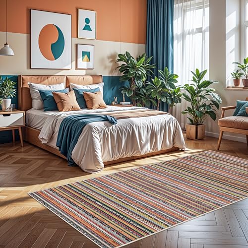 HILORUUG 4x8 Rug Washable Indoor: Non-Slip Southwestern Striped Carpet for Kitchen Hallway Entry - Farmhouse Low Pile Stain Resistant Long Thin Front Door Mat 4x8 Red/Blue/Multi - color: Multi Color, size: 4' x 8' (Rectangular)