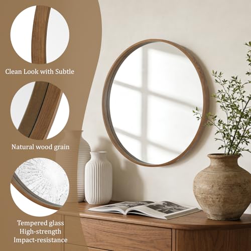 WallBeyond Wood Round Mirror with Wood Frame 24 inch Circle Wall Mirror for Bathroom Round Wall Mirror for Wall Decor, Vanity, Entryway Living Room (Walnut) - color: Walnut, size: 24"L x 24"W
