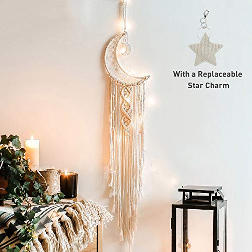 ANROYE Boho Macrame Woven Wall Hanging, Crochet Crescent Moon Star Dream Catcher with Long Tassel- White Cotton Handmade Bohemian Nursery Decor Decoration Art Craft for Kids Bedroom Dorm Room - color: Cream White, size: With Light