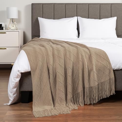 PAVILIA Tan Taupe Knit Throw Blanket for Couch, Twin Bed, Soft Knitted Farmhouse Sofa Throw for Living Room, Lightweight Decorative Fall Blanket for Chair, Outdoor Textured Boho Blanket, 60x80 - color: Tan Taupe, size: 60 X 80 Inches - Twin