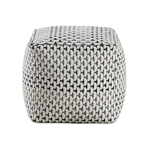 Benzara Modern Pouf Ottoman- Black White Basket Woven Jacquard- 16 Inch Square