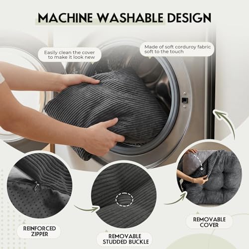 11" Thick Washable Floor Pillow for Adults, Yoga & Meditation Cushion with Handle, Square Large Pillows Seating with Removable Tufted Corduroy Cover for Tatami Living Room Board Games, Dark Gray - color: Dark Gray