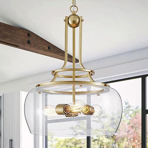 WUZUPS Chandelier Rustic Farmhouse Industrial Round Ceiling Pendant LED Light Fixture Clear Seeded Glass Shade for Dining Room Kitchen Island Foyer Entryway, H 20.9" x W 15.9", Gold - color: Pendant Light, Gold, 3-Light, size: H 20.9" * W 15.9"