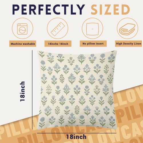 Blue Green Block Throw Pillow Covers 18x18 Set of 4, Vintage Floral Spring Decorative Cushion Cases for Couch Sofa and Bedroom Pillcases Home Decor for Living Room - color: Blue Green Block