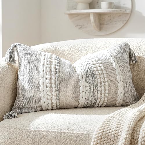 BlissBlush Gray Decorative Lumbar Pillow Cover 14x24, Boho Accent Throw Pillow Case for Couch Sofa Bed, Modern Farmhouse Textured Lumbar Cushion Bedroom Living Room, Cover ONLY - color: Light Gray, size: 24" x 14" (Pack of 1)
