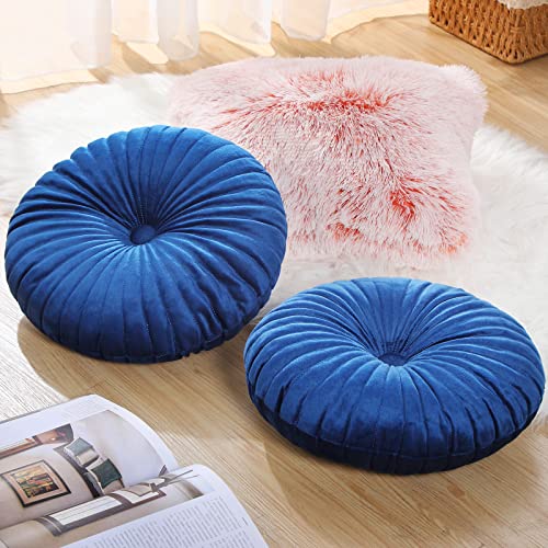 Namalu 2 Pcs Round Throw Pillow 13.8 Inch Decorative Round Velvet Floor Pillows Pumpkin Throw Pillows with Center Button for Thanksgiving Home Decor Living Room Sofa Couch Bed Chair (Navy Blue) - color: Navy Blue
