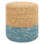 16'' Round Ottoman Natural Seagrass Braided Poof Hand Weaving Round Ottomans Boho Footrest Stool for Home Living Room Bedroom Patio(Natural&Blue)