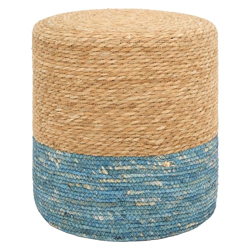 16'' Round Ottoman Natural Seagrass Braided Poof Hand Weaving Round Ottomans Boho Footrest Stool for Home Living Room Bedroom Patio(Natural&Blue)