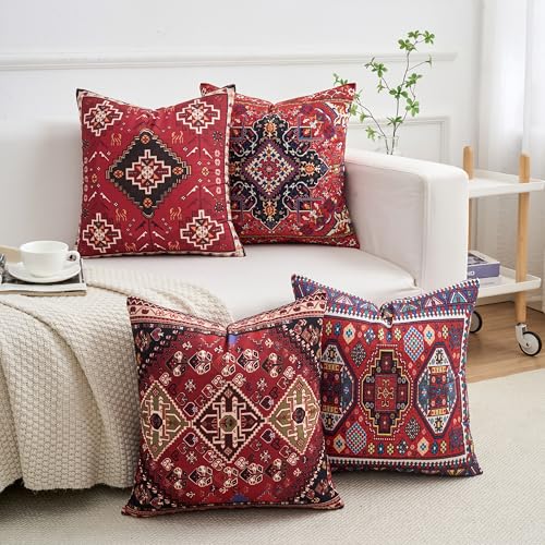 Set of 4 Boho Throw Pillow Covers 18x18 Inch Red Kilim Tribal Decorative Pillow Cases for Couch Bed Living Room Spring Summer Decor - color: Ruby Indigo, size: 18" x 18" (Pack of 4)