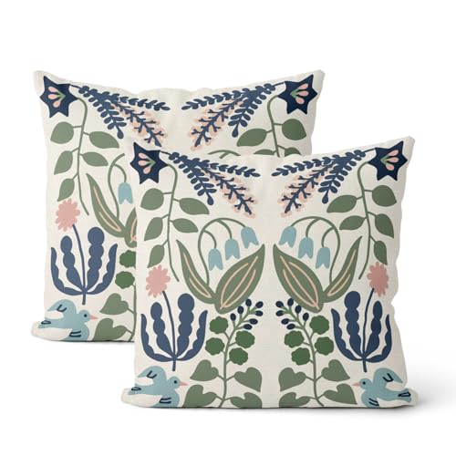 Boho Sage Green Throw Pillow Covers 16x16 Inch 2 Pcs Navy Blue Vintage Floral Decor Pillow Covers Flower Spring Summer Seasonal Outdoor Decorative Pillowcase Linen Cushion Cover for Couch Sofa - color: Blue Green Boho Floral, size: 16" x 16" (Pack of 2)