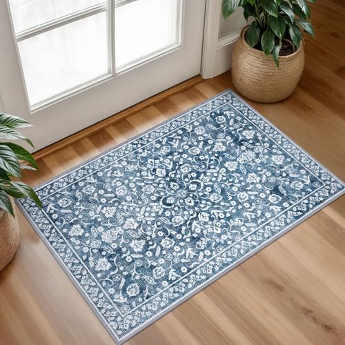Vintage Entryway Rug 2x3, Blue and White Washable Accent Rug, Non-Slip Small Area Carpet, Floral Print Faux Wool Soft Door Mat for Indoor Entrance, Front Door, Kitchen, Bedside - color: Light Denim Blue and White, size: 2' x 3' (Rectangular)