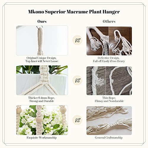 Mkono Macrame Plant Hanger Indoor Hanging Planter Basket with Wood Beads Decorative Flower Pot Holder No Tassels for Indoor Outdoor Boho Home Decor 35 Inch, Ivory, Set of 1 (POTS NOT Included) - color: Ivory
